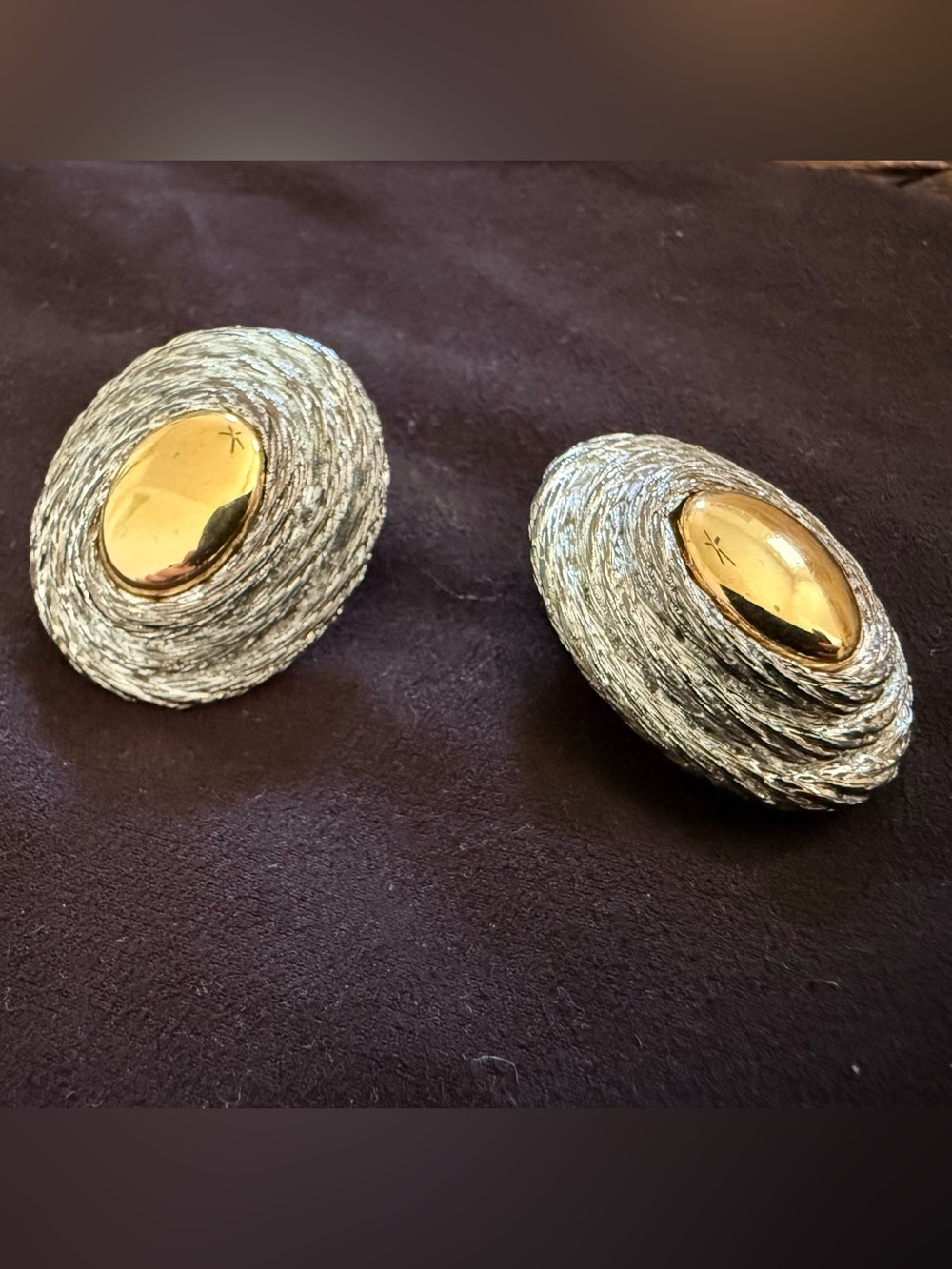 Vintage Givenchy Two-Tone Silver and Gold Textured Oval Earrings